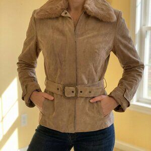 CONTEXT, Gorgeous belted suede jacket, fur collar, cutout details, sz 8.